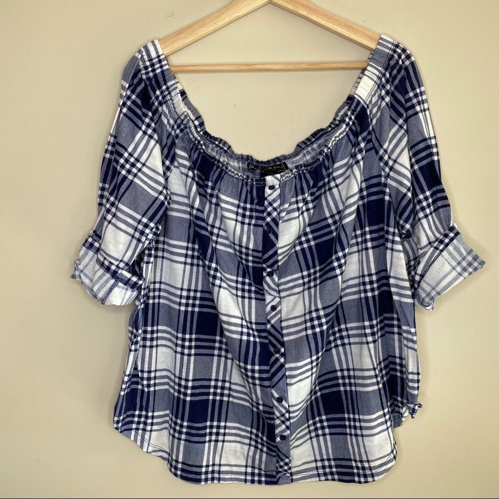 Off Shoulder Blue plaid shirt size 2X - Picture 1 of 7